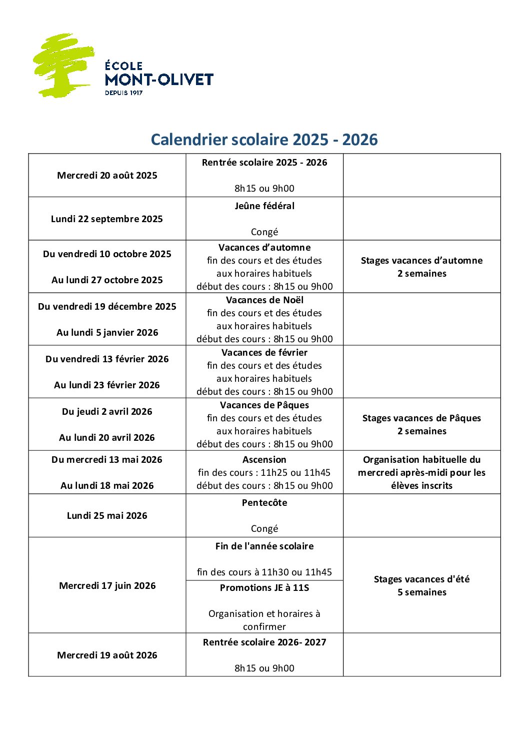Calendrier 2024-2025 - Télécharger le PDF
