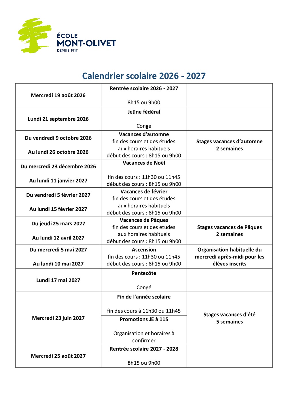 Calendrier 2024-2025 - Télécharger le PDF